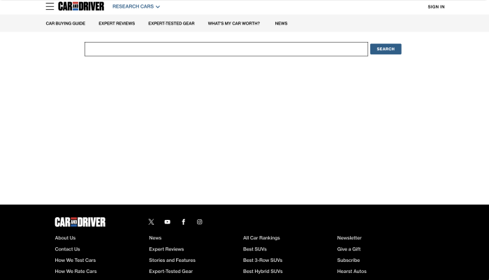 A screenshot of the Car and Driver website's search functionality. It shows an otherwise empty page with a search bar at the top. 